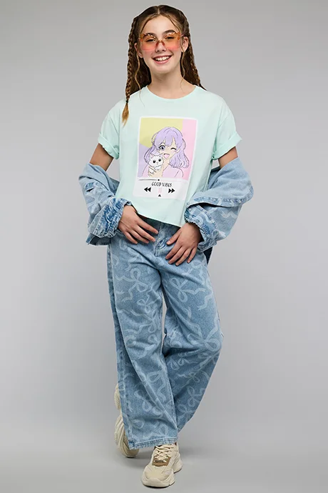 أر أند بي Printed T-Shirt with Crew Neck and Short Sleeves