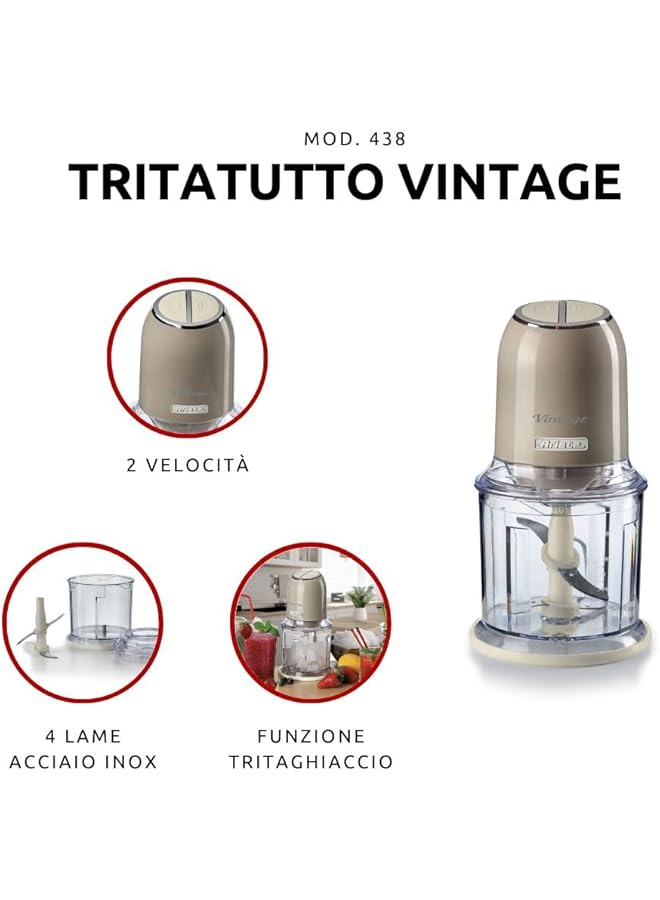 Ariete 400W Vintage Chopper Beige 2 Speed Chopper 2 Buttons And 4 Stainless Steel Blades. Vegetable Grinder And Ice Crusher. 600Ml Graduated Cup. With 3 Years  - Image 2