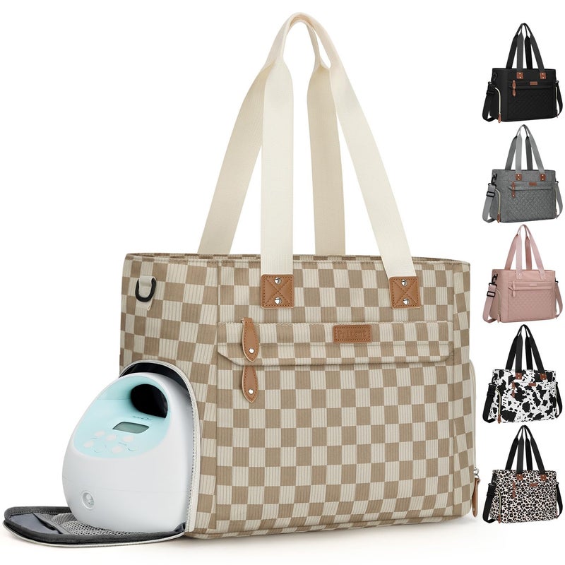 Pritent Large Travel Diaper Bag Tote with 14 Inch Laptop Sleeve, Breast Pump Bag for Mom and Dad, Mommy Maternity Travel Baby Bag for Boys and Girls, Plaid - Image 1