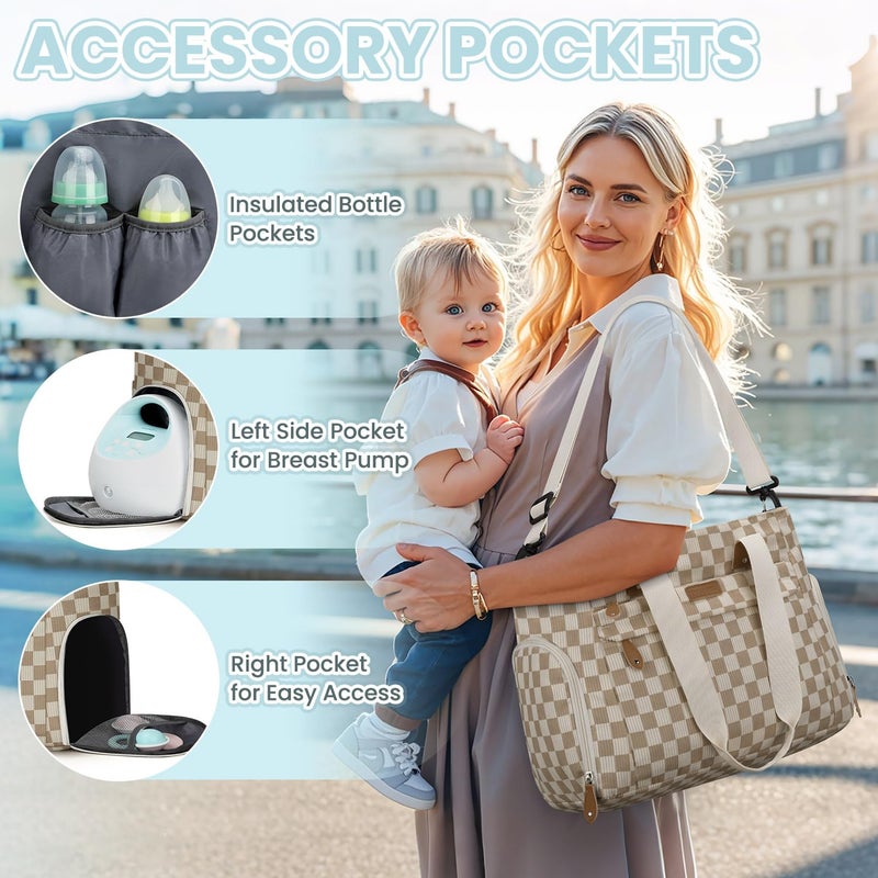 Pritent Large Travel Diaper Bag Tote with 14 Inch Laptop Sleeve, Breast Pump Bag for Mom and Dad, Mommy Maternity Travel Baby Bag for Boys and Girls, Plaid - Image 5