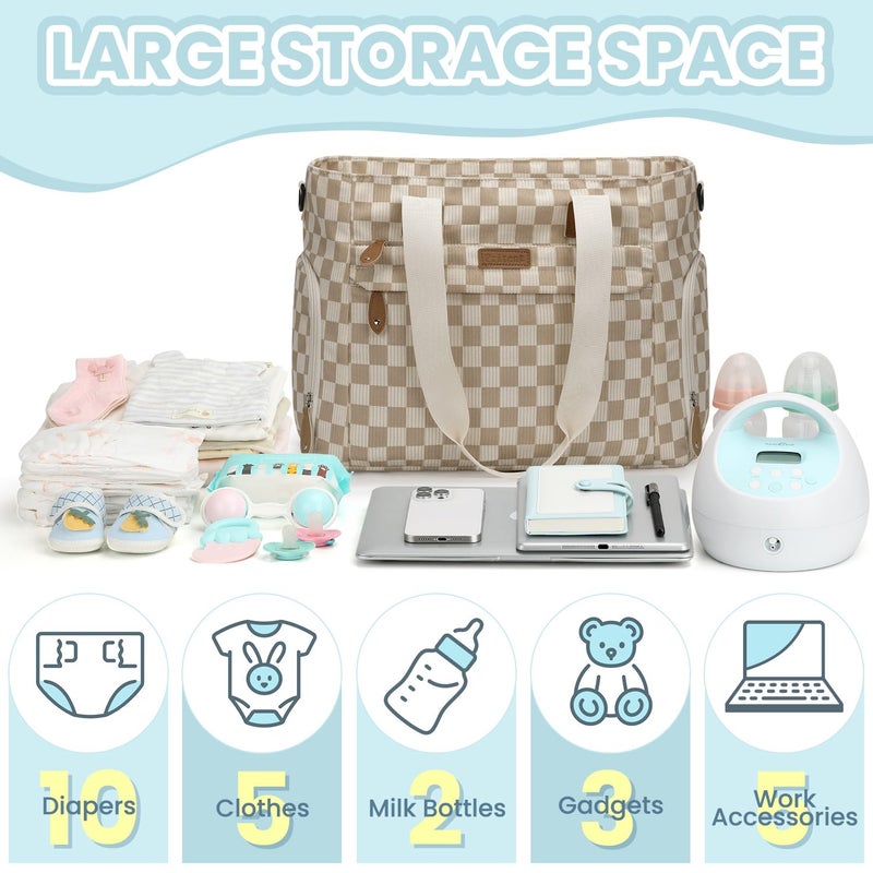 Pritent Large Travel Diaper Bag Tote with 14 Inch Laptop Sleeve, Breast Pump Bag for Mom and Dad, Mommy Maternity Travel Baby Bag for Boys and Girls, Plaid - Image 2