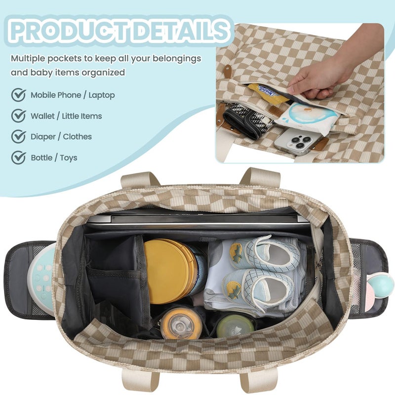 Pritent Large Travel Diaper Bag Tote with 14 Inch Laptop Sleeve, Breast Pump Bag for Mom and Dad, Mommy Maternity Travel Baby Bag for Boys and Girls, Plaid - Image 3