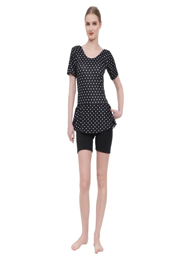 SHIFTER Printed Dots Swimming Costume for Women,One Piece Swim Suit for Ladies and Girls,Stretchable Fabric with Half Sleaves and Frock Style for Holidays, Beach and Pool (2XL, Black-WHITEDOTS) - Image 1