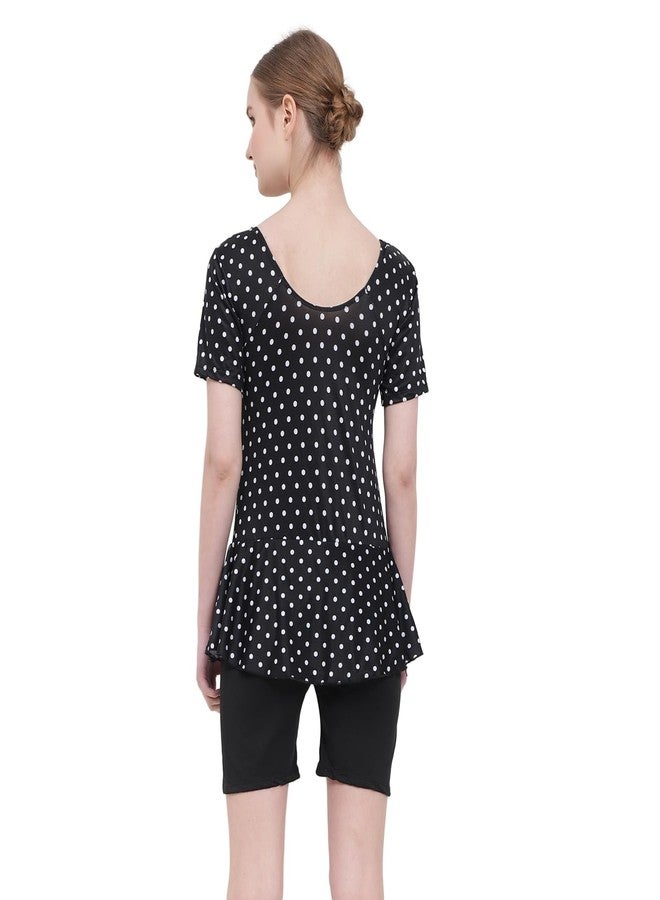 SHIFTER Printed Dots Swimming Costume for Women,One Piece Swim Suit for Ladies and Girls,Stretchable Fabric with Half Sleaves and Frock Style for Holidays, Beach and Pool (2XL, Black-WHITEDOTS) - Image 2