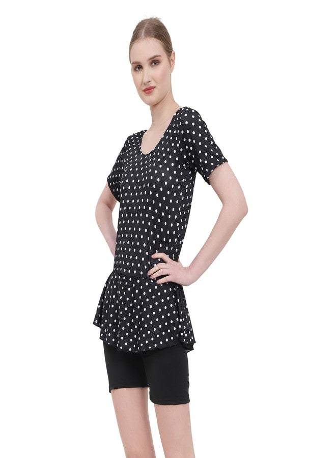 SHIFTER Printed Dots Swimming Costume for Women,One Piece Swim Suit for Ladies and Girls,Stretchable Fabric with Half Sleaves and Frock Style for Holidays, Beach and Pool (2XL, Black-WHITEDOTS) - Image 4