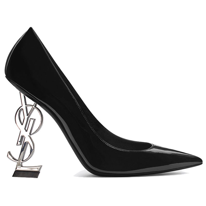 2022 Stars Fashionable Shallow Mouth Pointed Black Patent Leather Letter Thin Heel Single Shoes For Women - Image 4