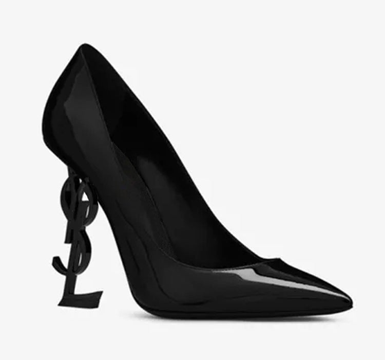 2022 Stars Fashionable Shallow Mouth Pointed Black Patent Leather Letter Thin Heel Single Shoes For Women - Image 1