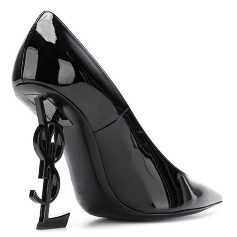 2022 Stars Fashionable Shallow Mouth Pointed Black Patent Leather Letter Thin Heel Single Shoes For Women - Image 5