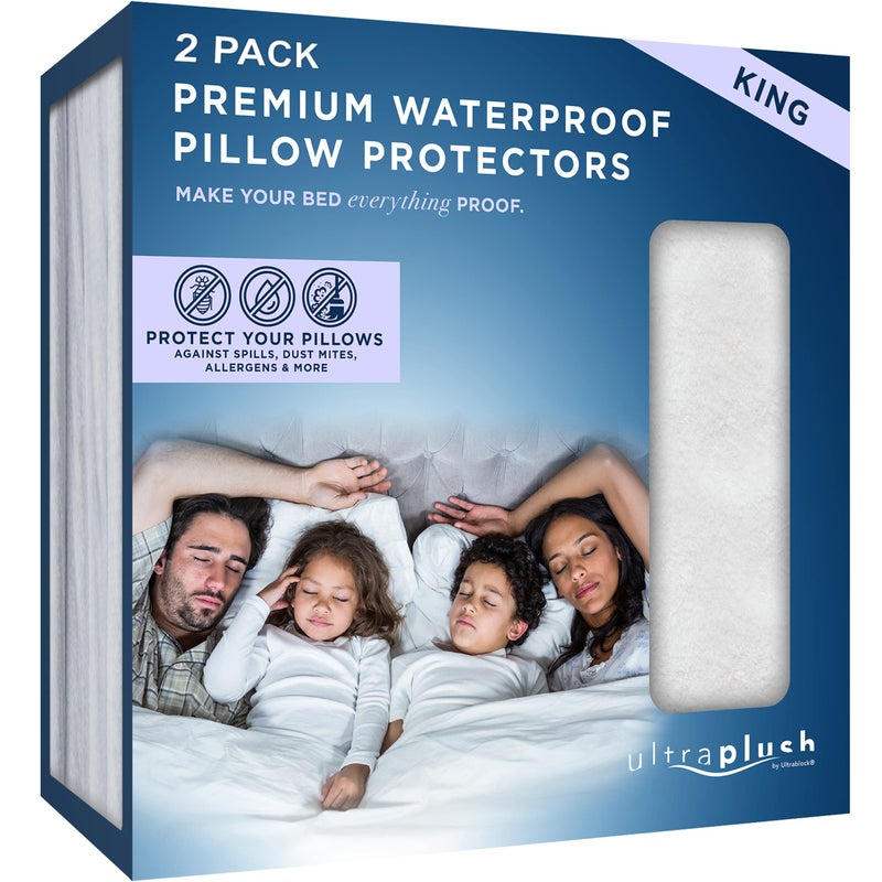 UltraBlock Ultra Plush Premium Waterproof Pillow Protector Set of 2  Zippered Pillow Case Cover  Super Soft and Quiet Feather Proof Encasement King Size 20 inches x 36 inches