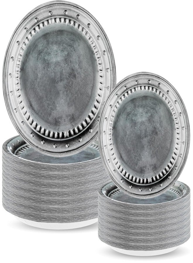 Jingmore 120 Pcs Disposable Pewter Paper Plates Set for Medieval Party Decorations Dinner Round Tableware Silver Grey Plates Disposable for Pirate Knight Castle Renaissance Easter Supplies 9" and 7'' - Image 1