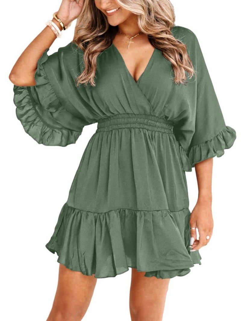 Aoysky Womens V Neck Casual Dresses Summer Loose High Waist Ruffle Pleated Cute Mini Short Dress Green - Image 1