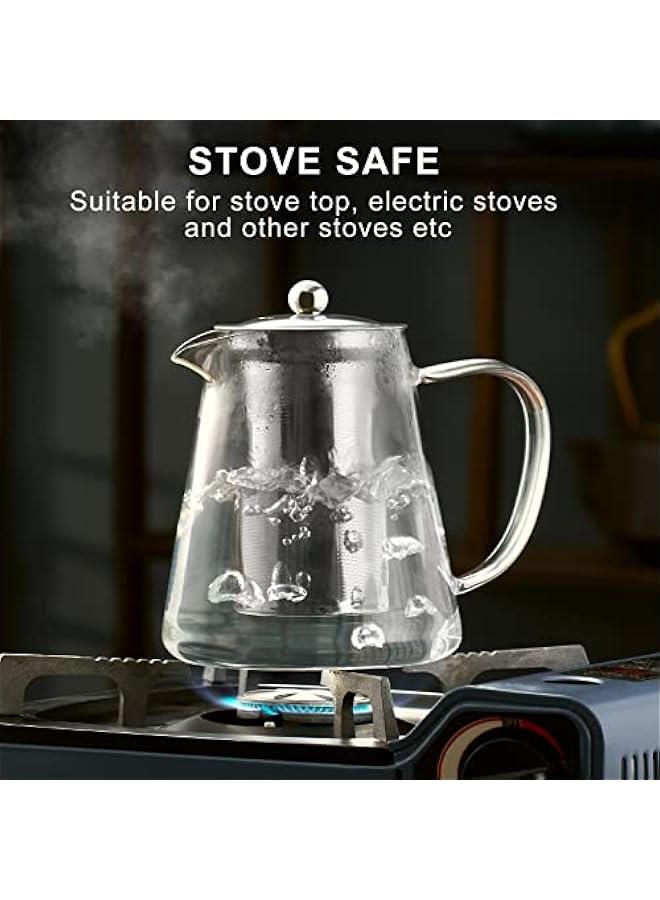 Glass Teapot Stovetop 32 OZ, Borosilicate Clear Tea Kettle with Removable 18/8 Stainless Steel Infuser, Teapot Blooming and Loose Leaf Tea Maker Tea Brewer for Camping, Travel (950ML)  - Image 2