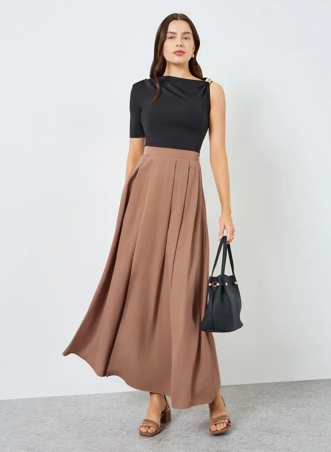 Styli Women Khaki Pleated A-Line Maxi Skirt