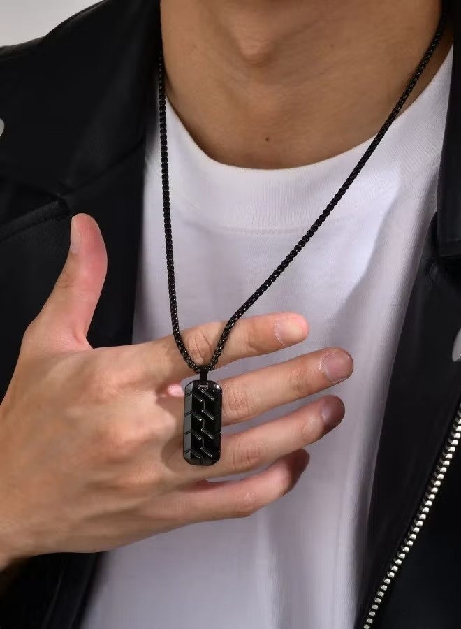 Men's Tire Pattern Stainless Steel Necklace | Geometric Pendant Design | Versatile Fashion Accessory (Black, 60cm) - Image 1