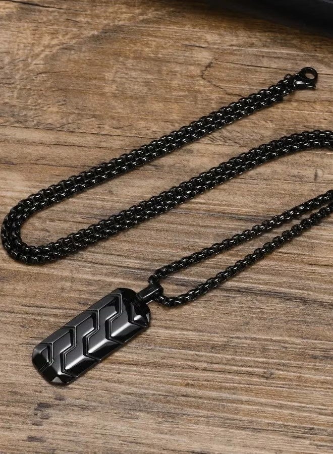 Men's Tire Pattern Stainless Steel Necklace | Geometric Pendant Design | Versatile Fashion Accessory (Black, 60cm) - Image 4