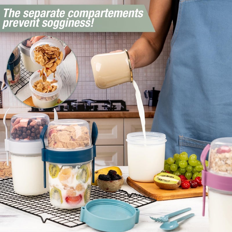 EYNEL 4 Pack On The Go 22 oz Breakfast Cups with Lids and Spoon, Reusable Cereal Yogurt Cup with Topping Plastic Overnight Oats Container for Granola Oatmeal (22 oz - 4 Pack) - Image 2