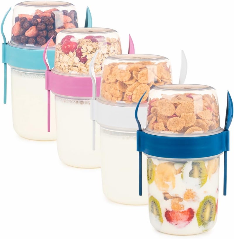 EYNEL 4 Pack On The Go 22 oz Breakfast Cups with Lids and Spoon, Reusable Cereal Yogurt Cup with Topping Plastic Overnight Oats Container for Granola Oatmeal (22 oz - 4 Pack) - Image 1