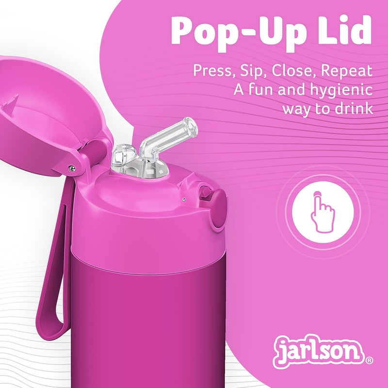 Jarlson قارورة الشرب الفولاذية ��لمقاومة للصدأ للأطفال شارلي من جارلسون® مع قشة – قارونة حرارية 500 مل – مختبرة من TÜV – خالية من BPA – مقاومة للتسرب – قارورة مياه حرارية للمدرسة، الحضانة – أرجواني، 500 مل - Image 4