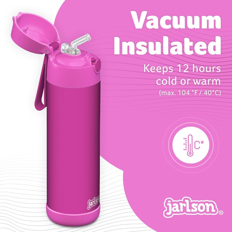 Jarlson قارورة الشرب الفولاذية ��لمقاومة للصدأ للأطفال شارلي من جارلسون® مع قشة – قارونة حرارية 500 مل – مختبرة من TÜV – خالية من BPA – مقاومة للتسرب – قارورة مياه حرارية للمدرسة، الحضانة – أرجواني، 500 مل - Image 2