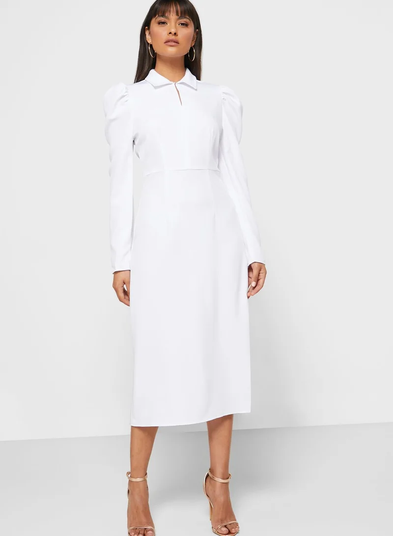 ELLA Ruched Shoulder Midi Dress