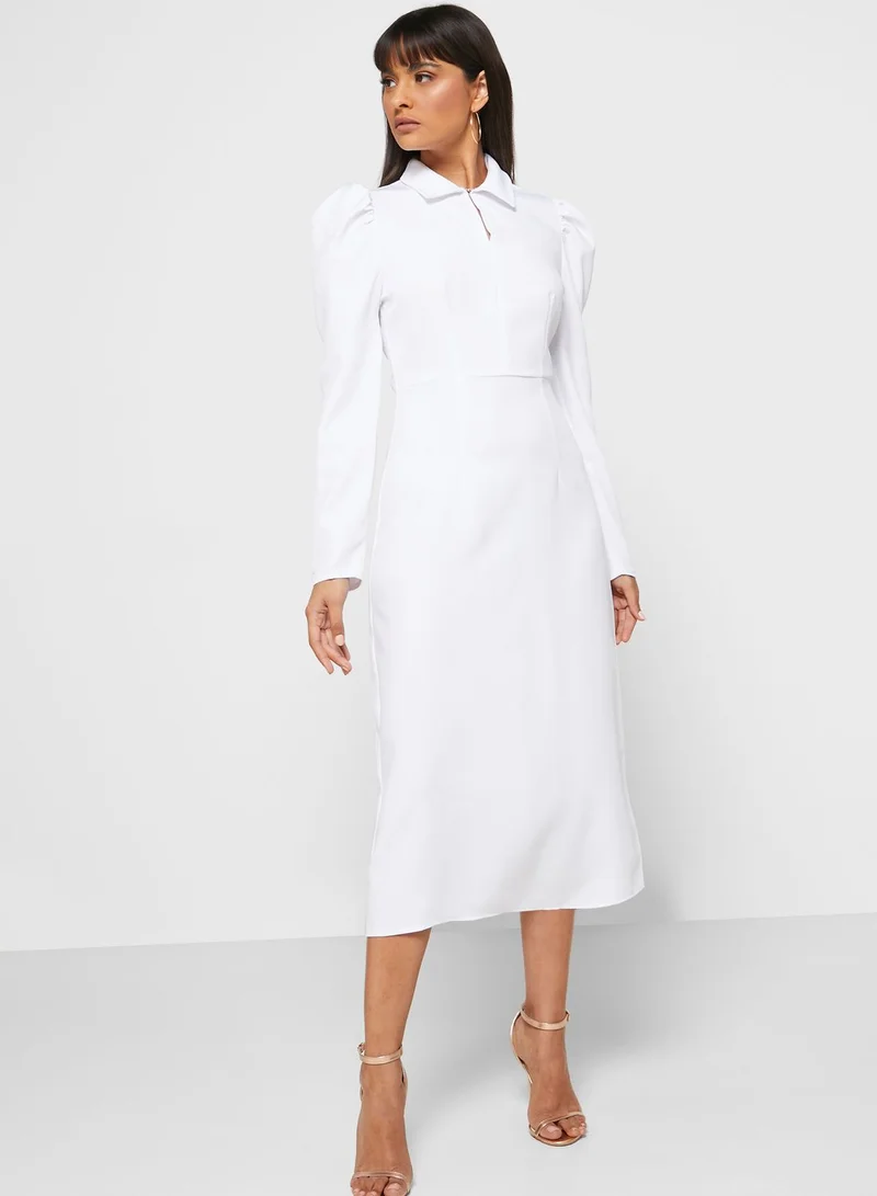 ELLA Ruched Shoulder Midi Dress