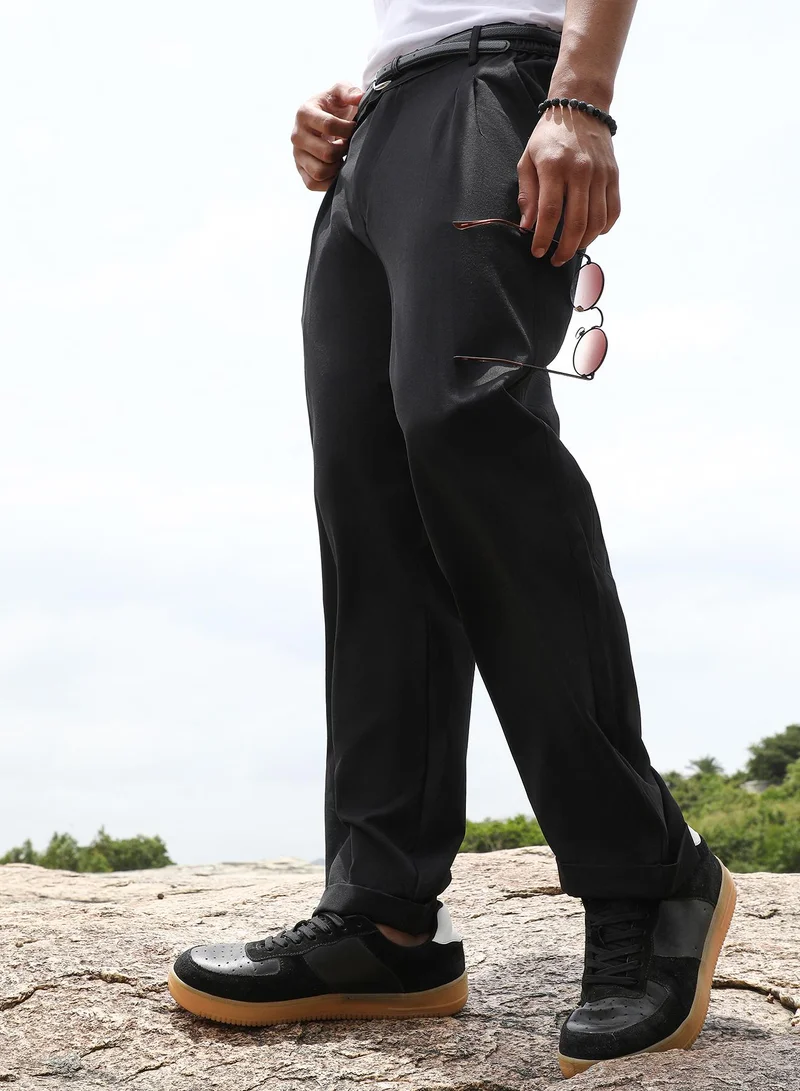 Campus Sutra Campus Sutra Men's Onyx Black Extended-Waistband Straight Trousers | Mid-Rise , Straight Hem , Button Closure | Solid Plain | Polyester Blend Trousers For Formal & Office Wear