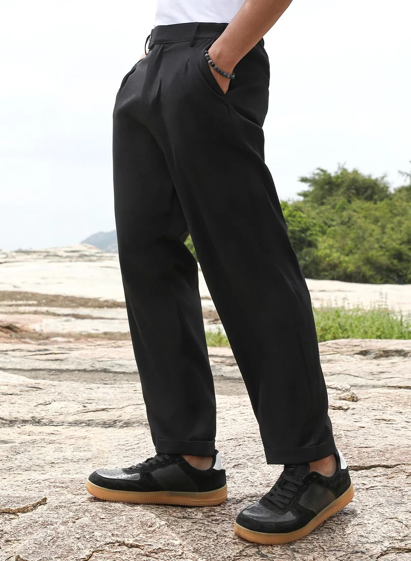 Campus Sutra Campus Sutra Men's Onyx Black Extended-Waistband Straight Trousers | Mid-Rise , Straight Hem , Button Closure | Solid Plain | Polyester Blend Trousers For Formal & Office Wear