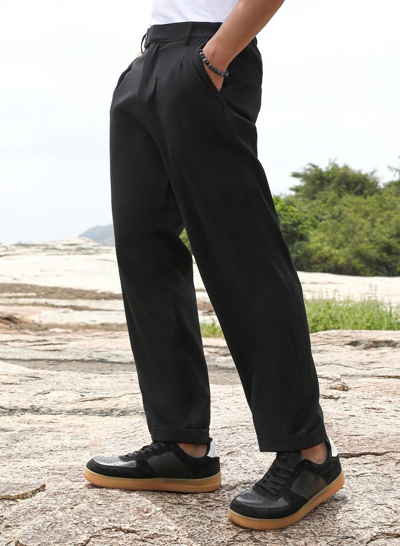 Campus Sutra Campus Sutra Men's Onyx Black Extended-Waistband Straight Trousers | Mid-Rise , Straight Hem , Button Closure | Solid Plain | Polyester Blend Trousers For Formal & Office Wear  - Image 3