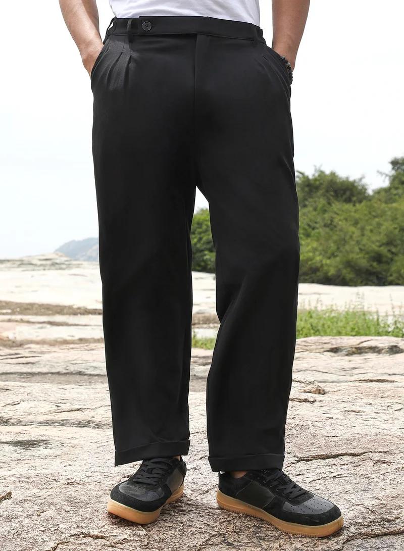 Campus Sutra Campus Sutra Men's Onyx Black Extended-Waistband Straight Trousers | Mid-Rise , Straight Hem , Button Closure | Solid Plain | Polyester Blend Trousers For Formal & Office Wear