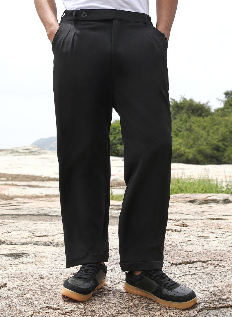 Campus Sutra Campus Sutra Men's Onyx Black Extended-Waistband Straight Trousers | Mid-Rise , Straight Hem , Button Closure | Solid Plain | Polyester Blend Trousers For Formal & Office Wear  - Image 2