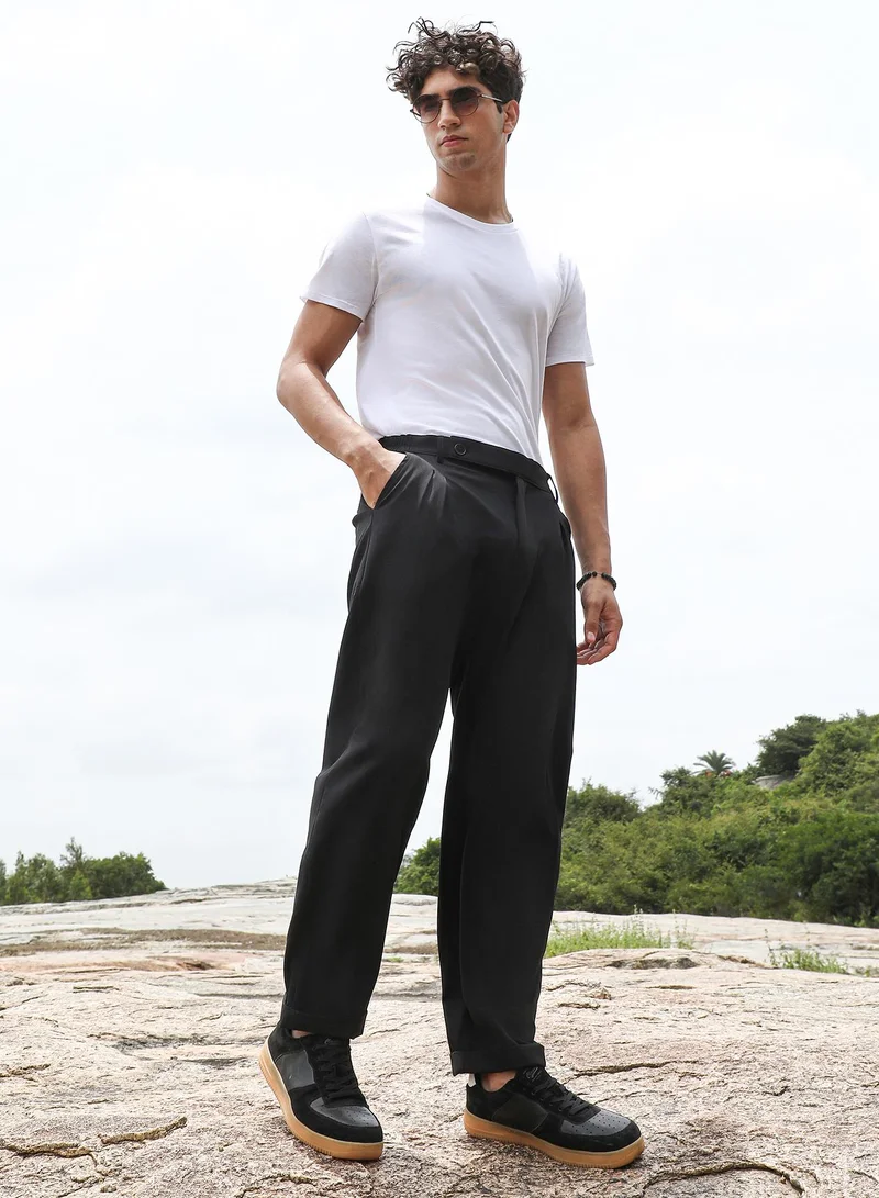 Campus Sutra Campus Sutra Men's Onyx Black Extended-Waistband Straight Trousers | Mid-Rise , Straight Hem , Button Closure | Solid Plain | Polyester Blend Trousers For Formal & Office Wear
