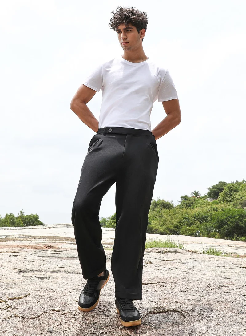 Campus Sutra Campus Sutra Men's Onyx Black Extended-Waistband Straight Trousers | Mid-Rise , Straight Hem , Button Closure | Solid Plain | Polyester Blend Trousers For Formal & Office Wear