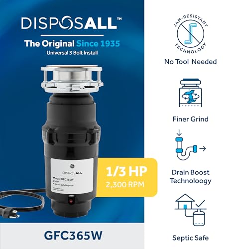 GE Disposall Continuous Feed 1/3 HP Motor Garbage Disposer, Good for Grinding: Cooked Pasta & Fruit Peels, Universal 3 Bolt Install & Power Cord Included, Recommended for 1-2 Person Homes, GFC365W - Image 2