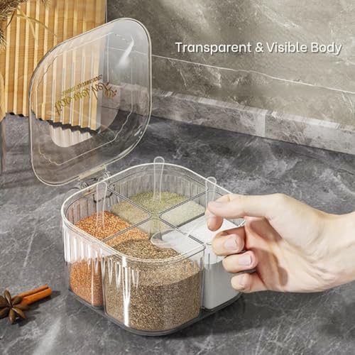 KREPS Seasoning Box with Lid and Spoon, 4 Compartment Spice Pots,Masala Box,Kitchen Condiment Jars, Plastic for Sugar Salt Pepper (White) - Image 4