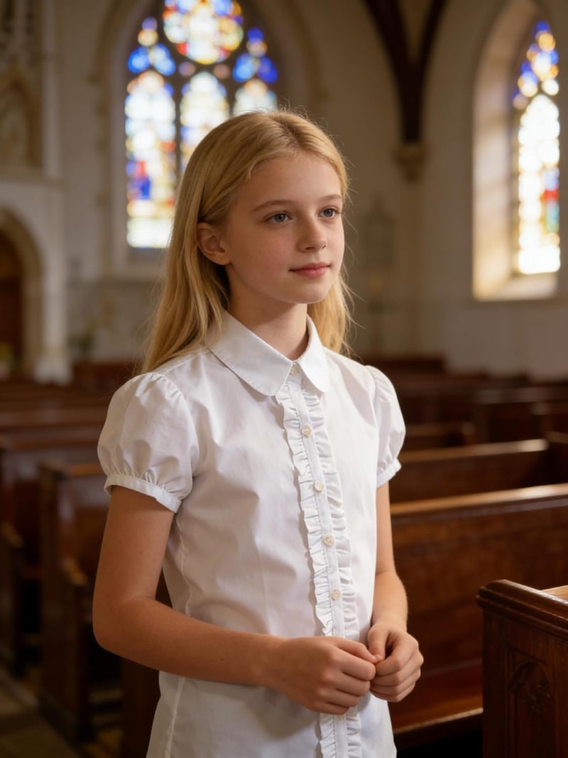 Bienzoe Girls Shirt Short Sleeve: White Button Up Kids School Uniform Cotton Oxford Collar Ruffle Dress Blouse - Image 5