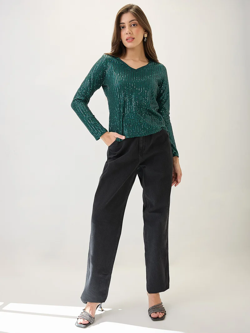 globus Women V-Neck Long Sleeves Embellished Party Top