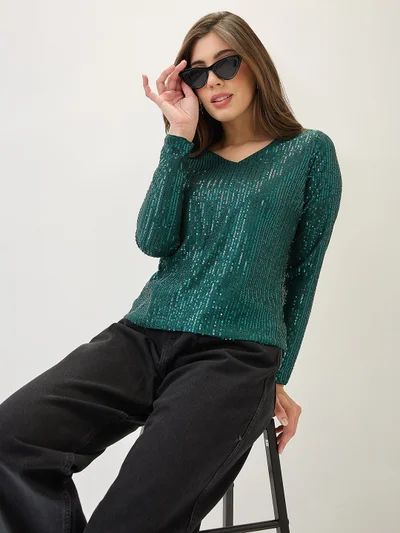 globus Women V-Neck Long Sleeves Embellished Party Top