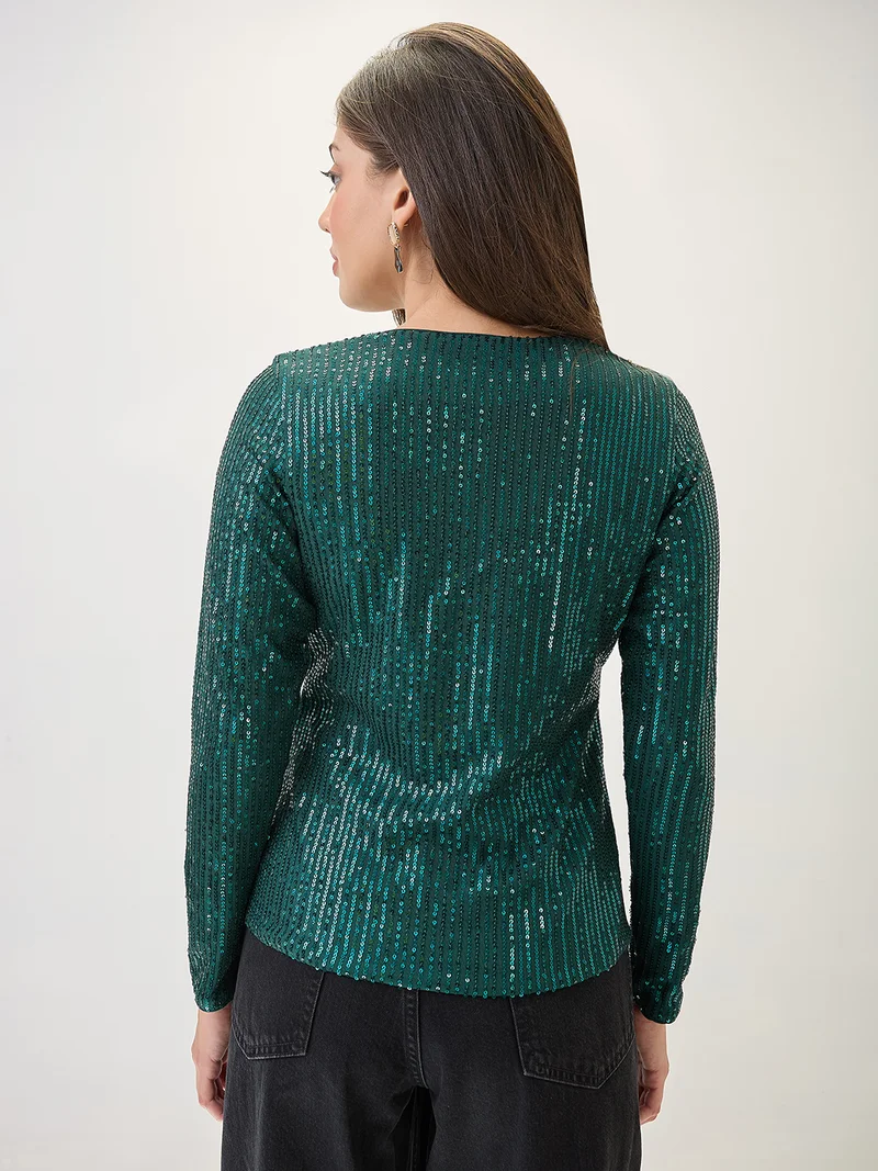 globus Women V-Neck Long Sleeves Embellished Party Top