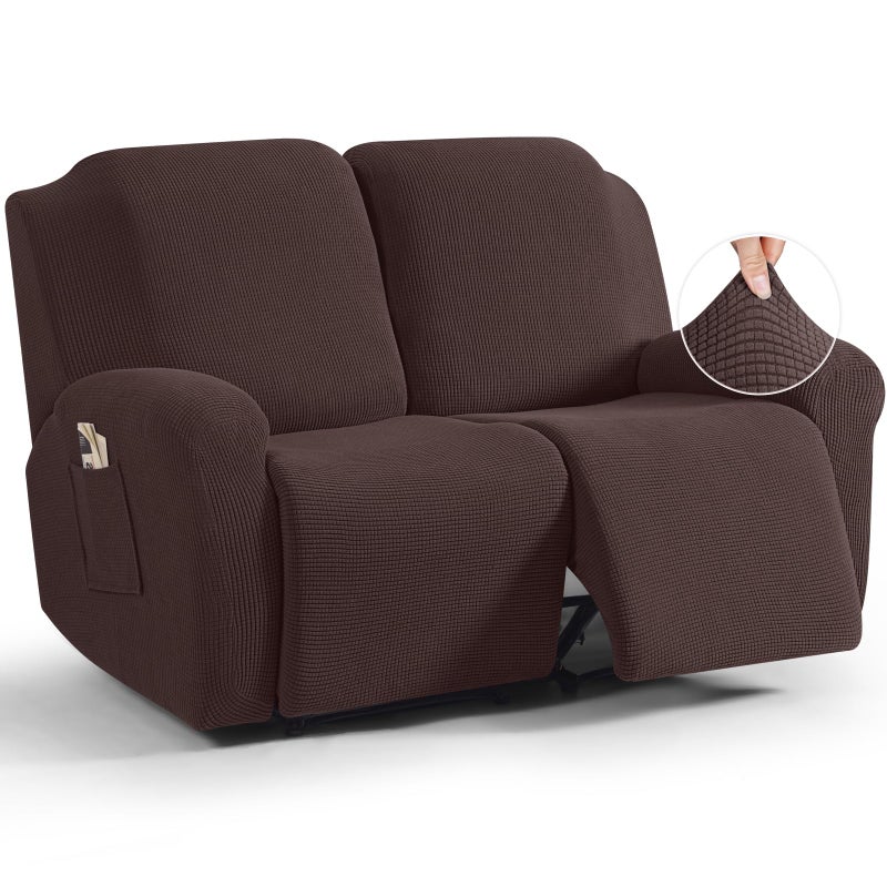 TAOCOCO Recliner Loveseat Slipcover 6 Pieces Dual Recliner Sofa Covers for 2 Seat Dual Reclining Loveseat Couch Stretch Soft Jacquard Pattern Furniture Protector with Elasticity Dark Coffee