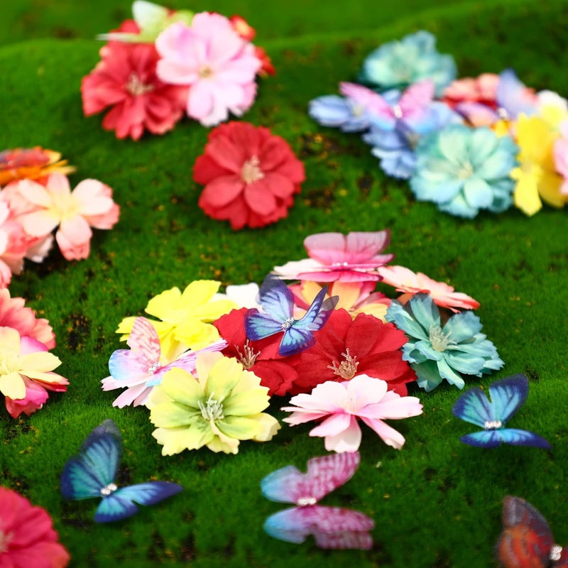 Canlierr 100 Pcs Faux Floral Heads Organza Butterfly Set for Crafts 50 3D Small Ribbon Fabric Butterflies Appliques 50 Mini DIY Faux Flowers Colorful Flowers for Craft Car Cake Wedding Party Decorations - Image 3