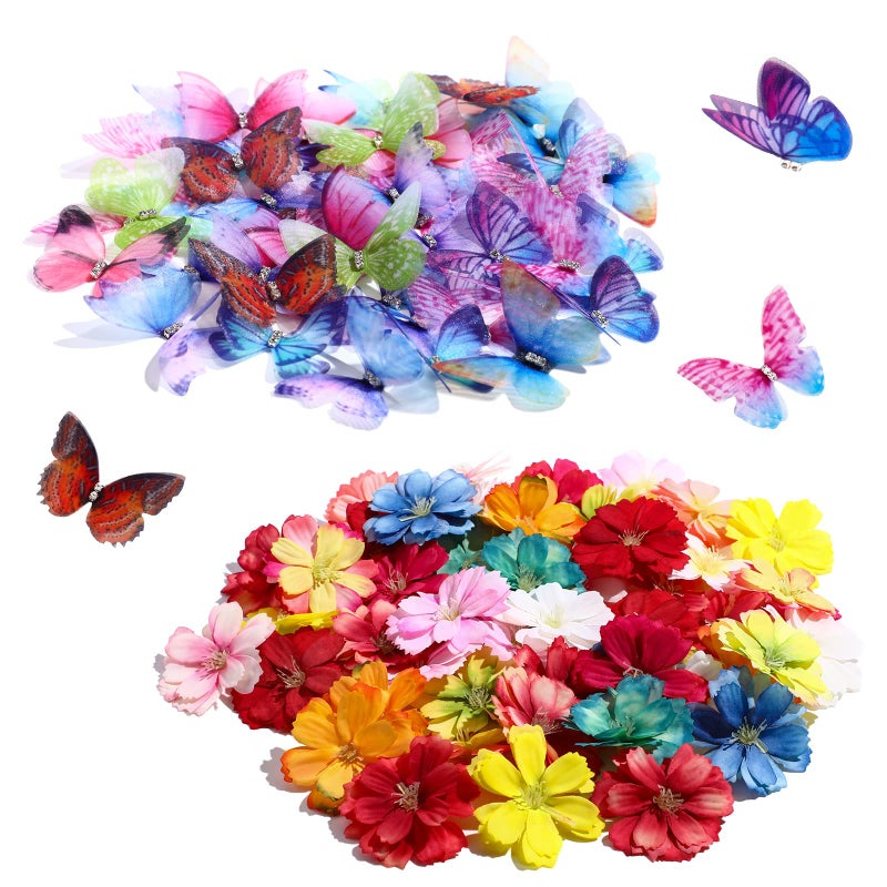 Canlierr 100 Pcs Faux Floral Heads Organza Butterfly Set for Crafts 50 3D Small Ribbon Fabric Butterflies Appliques 50 Mini DIY Faux Flowers Colorful Flowers for Craft Car Cake Wedding Party Decorations - Image 1