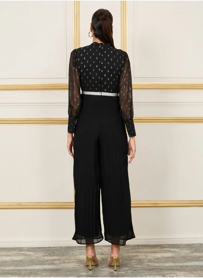 Styli Lurex Dobby Pleated Wide Leg Jumpsuit