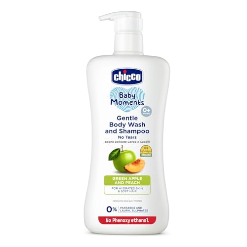 Chicco Baby Moments Gentle Bodywash & Shampoo with Green Apple & Peach, 500ml | Head-to-Toe | No Tears Formula | Hydrated Skin & Hair | Dermatologically Tested | Parabens & Phenoxyethanol Free - Image 1