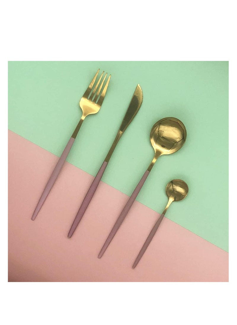 MahMir - MahMir® 24pcs  Flatware Set,Stainless Steel Dinning Silverware Cutlery Set with Cute Color, Flat Handle,Mirror, Service for 6, Dishwasher Safe - Pink Gold - Image 1