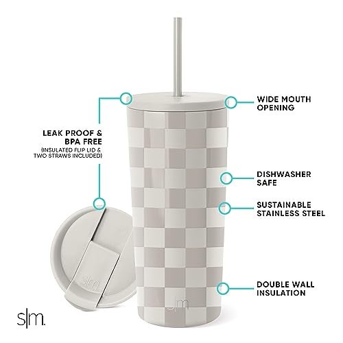 Simple Modern Insulated Tumbler with Lid and Straw | Iced Coffee Cup Reusable Stainless Steel Water Bottle Travel Mug | Gifts for Women Men Her Him | Classic Collection | 20oz | Checkmate - Image 2