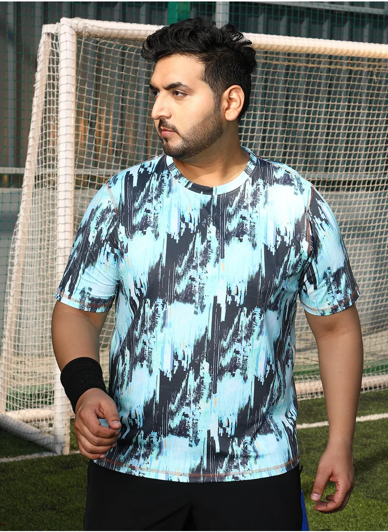 انستافاب بلس Instafab Plus Men's Baby Blue & Charcoal Black Abstract-Brush Activewear T-Shirt For Casual Wear | Crew Neck | Short Sleeves | Plus Size Jersey T-Shirt Crafted With Comfort Fit For Everyday Wear