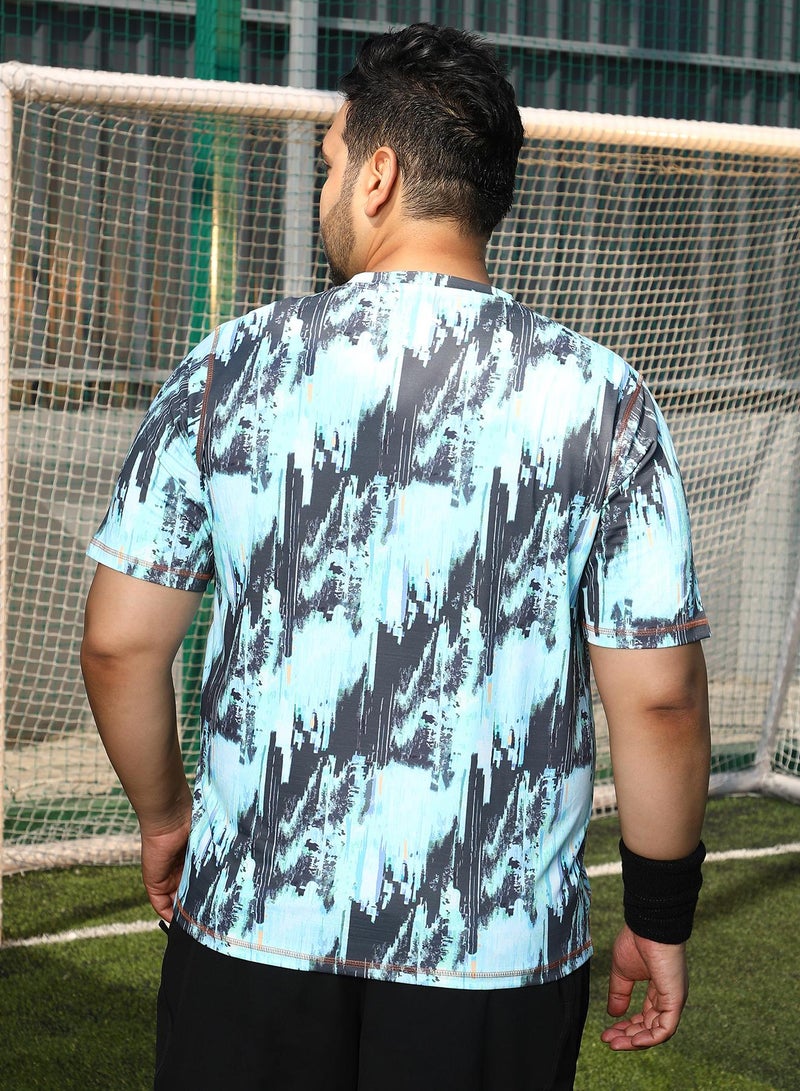 Instafab Plus Instafab Plus Men's Baby Blue & Charcoal Black Abstract-Brush Activewear T-Shirt For Casual Wear | Crew Neck | Short Sleeves | Plus Size Jersey T-Shirt Crafted With Comfort Fit For Everyday Wear - Image 5