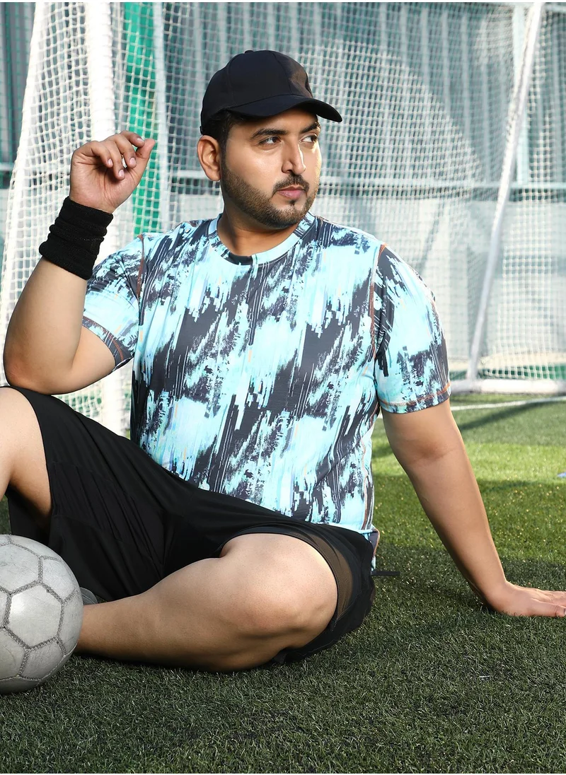 انستافاب بلس Instafab Plus Men's Baby Blue & Charcoal Black Abstract-Brush Activewear T-Shirt For Casual Wear | Crew Neck | Short Sleeves | Plus Size Jersey T-Shirt Crafted With Comfort Fit For Everyday Wear
