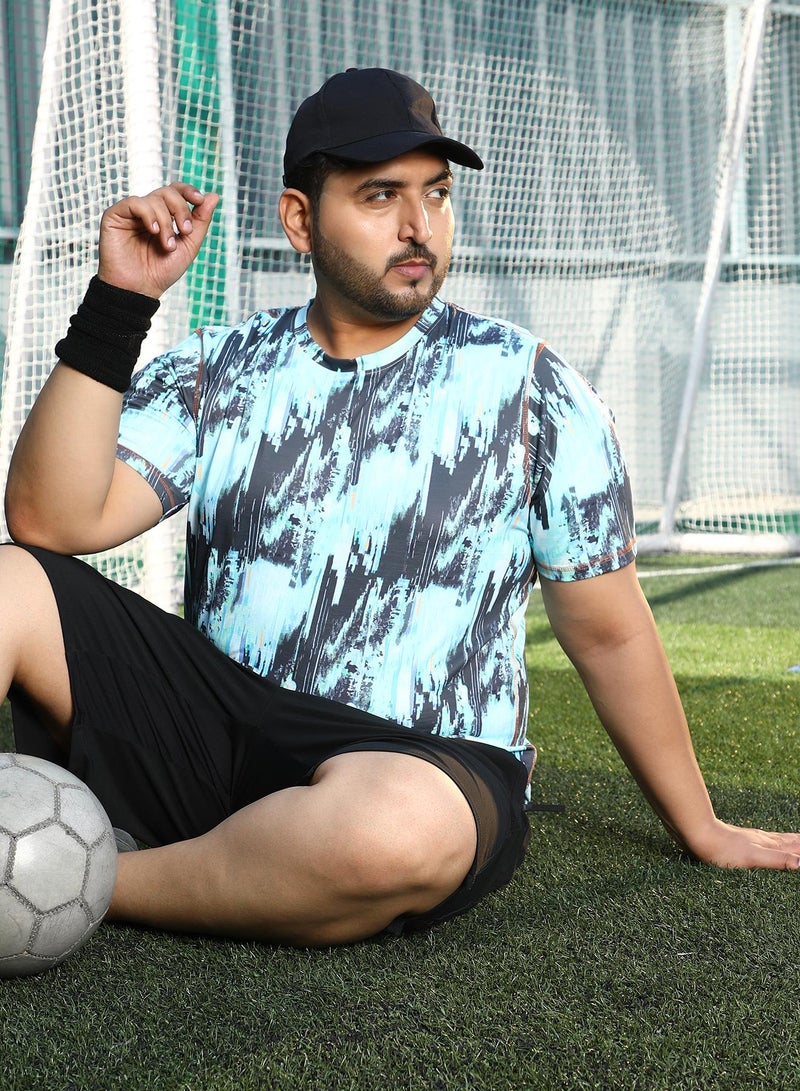 Instafab Plus Instafab Plus Men's Baby Blue & Charcoal Black Abstract-Brush Activewear T-Shirt For Casual Wear | Crew Neck | Short Sleeves | Plus Size Jersey T-Shirt Crafted With Comfort Fit For Everyday Wear - Image 1