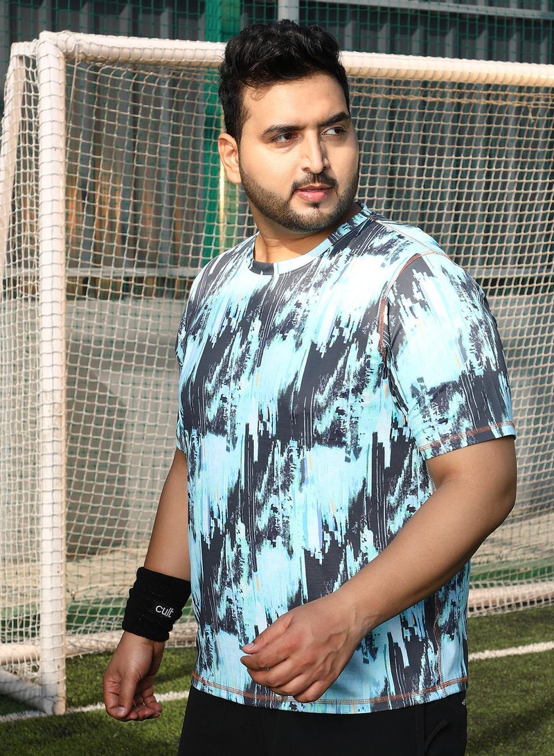 Instafab Plus Instafab Plus Men's Baby Blue & Charcoal Black Abstract-Brush Activewear T-Shirt For Casual Wear | Crew Neck | Short Sleeves | Plus Size Jersey T-Shirt Crafted With Comfort Fit For Everyday Wear - Image 3
